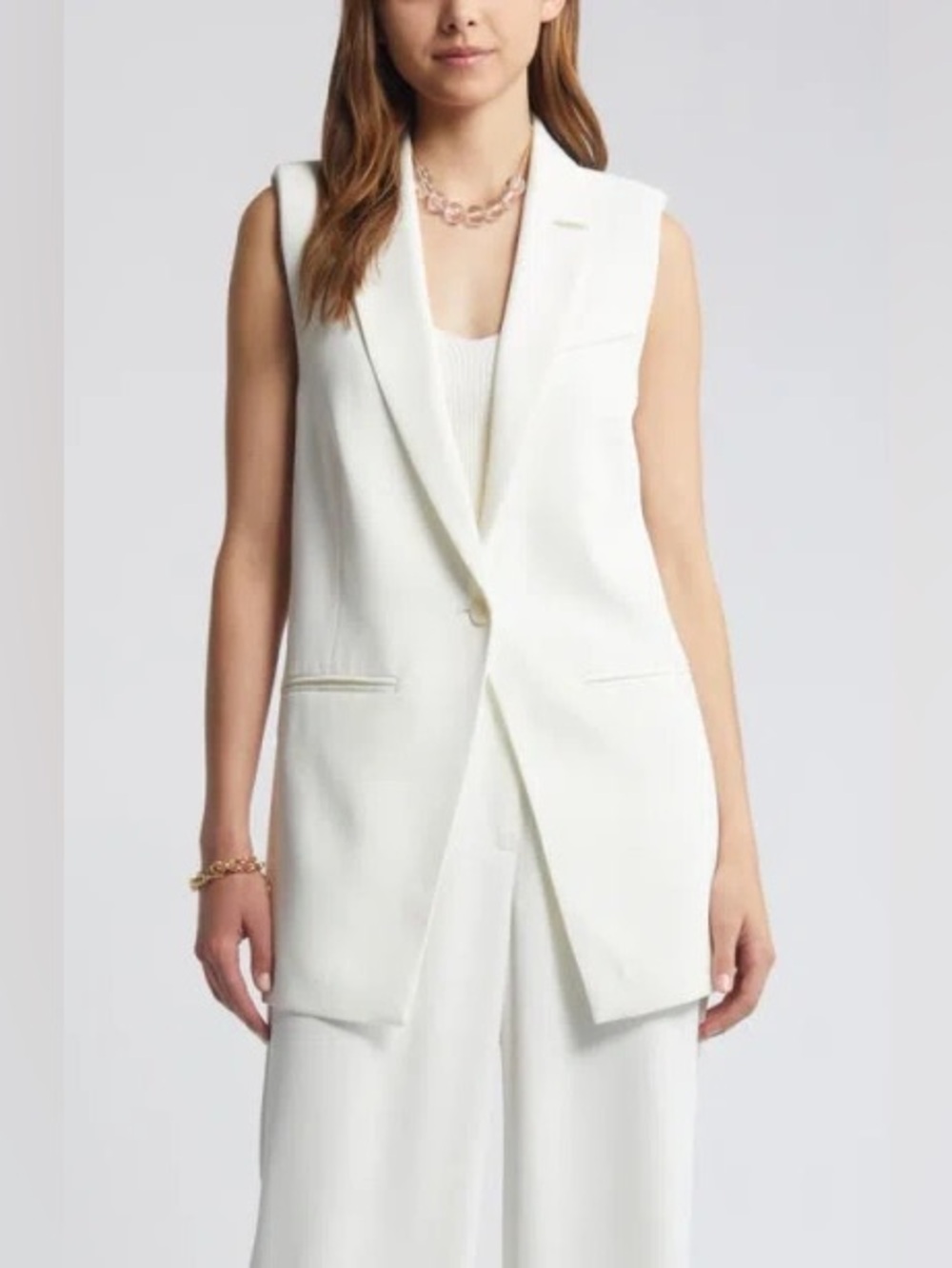 NWT Open Edit | Tailored Long Vest In Ivory Cloud Size M